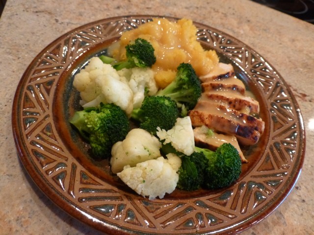 Pan roasted chicken, mashed rutabagas, broccoli and cauliflower and chicken gravy