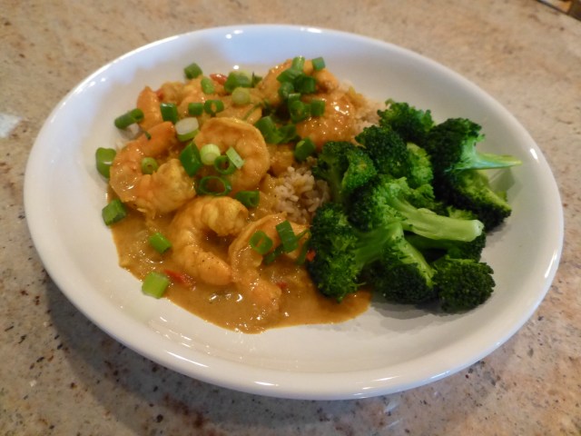 Coconut curried shrimp, brown rice and broccoli