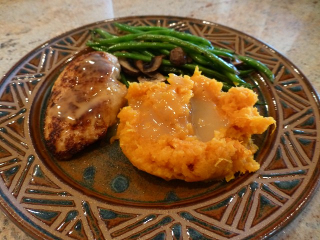 Pan roasted chicken with butternut squash and green beans with mushrooms and sage
