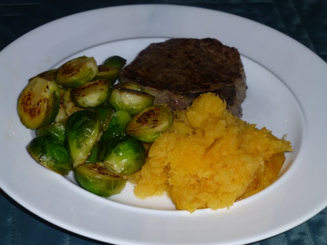 Bison medallion with rutabagas and Brussels sprouts