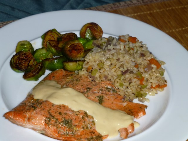 Salmon with augmented brown rice and Brussels sprouts