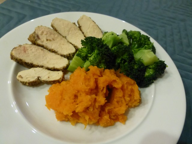 Pan roasted boneless, skinless chicken breast dusted with dukkah, butternut squash and broccoli