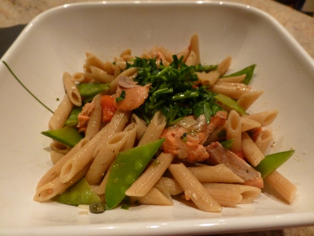 Whole wheat penne with salmon, snow peas and capers