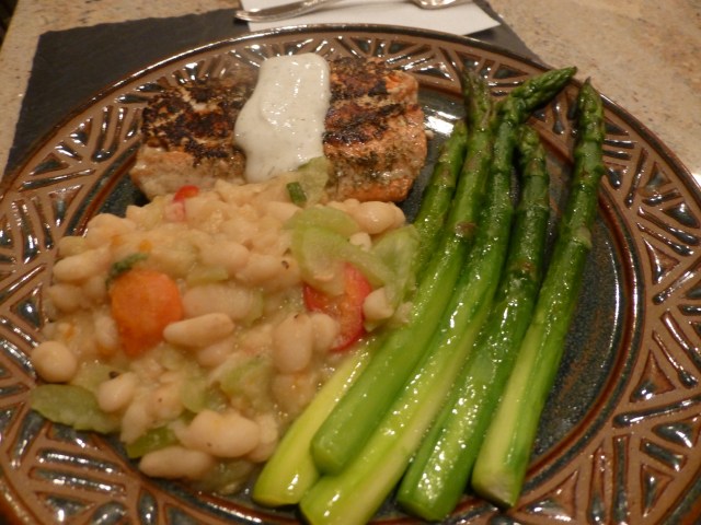 Wild salmon, asparagus and white navy beans