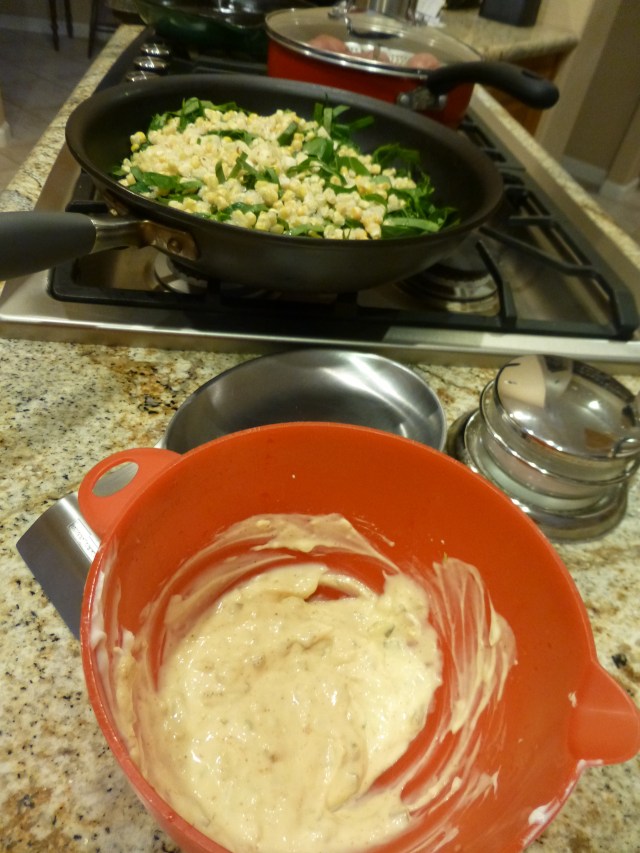 Fish Market tartar sauce in the foreground, collards and corn in the middle and steamed new potatoes in the back