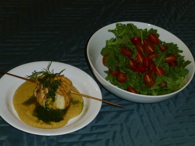 Roasted cod, chickpea puree and parsley sauce served with an arugula salad