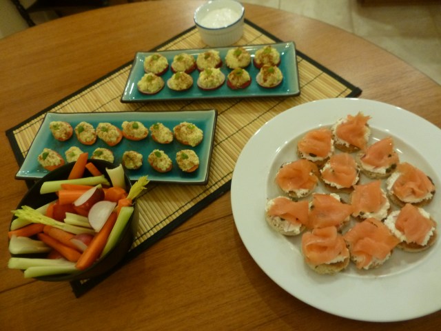 Smoked salmon canapes, crudites, and egg salad veg disks