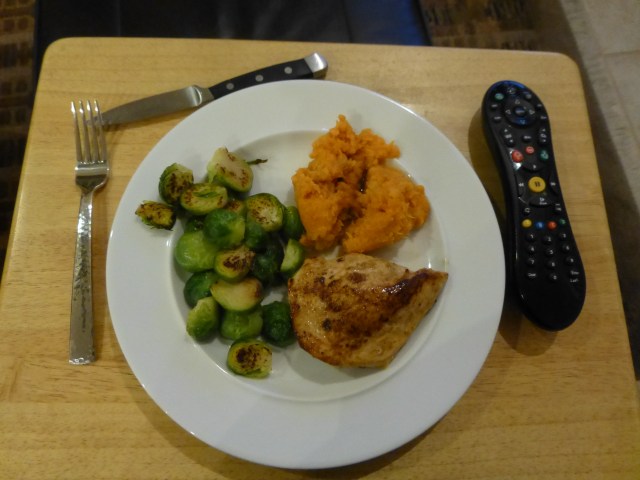 Pan roasted chicken with root vegetable mash and Brussels sprouts