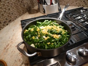 I make a chiffonade of collard greens and add garlic and corn