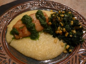 Roasted cod with parsley sauce over soft polenta with collard greens and corn