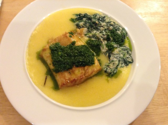 Pacific cod with spinach, polenta and parsley sauce