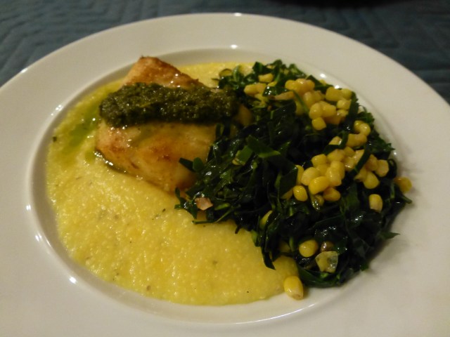 Pacific cod on polenta with collard greens and corn