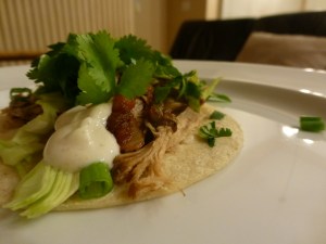 Pulled pork with cabbage, green onions, cilantro, and crema on a corn tortilla