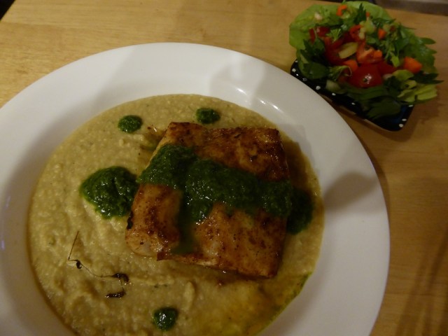 Pacific cod on chickpea puree with a parsley sauce. Side of crunchy salad.