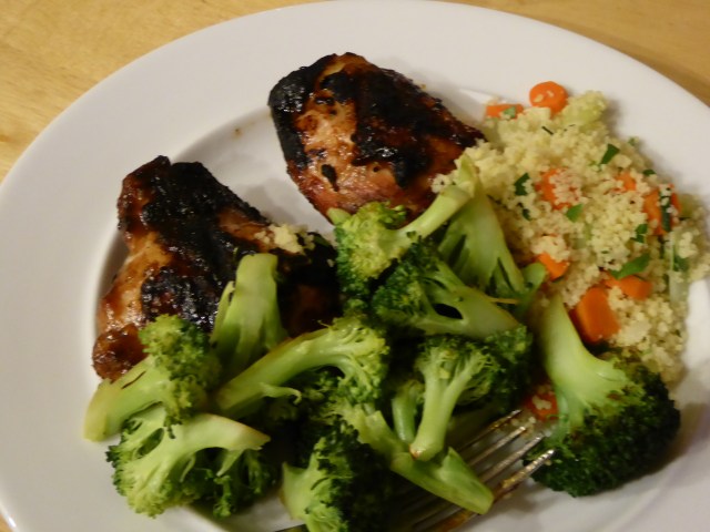 Grilled chicken with BBQ sauce, couscous, and broccoli