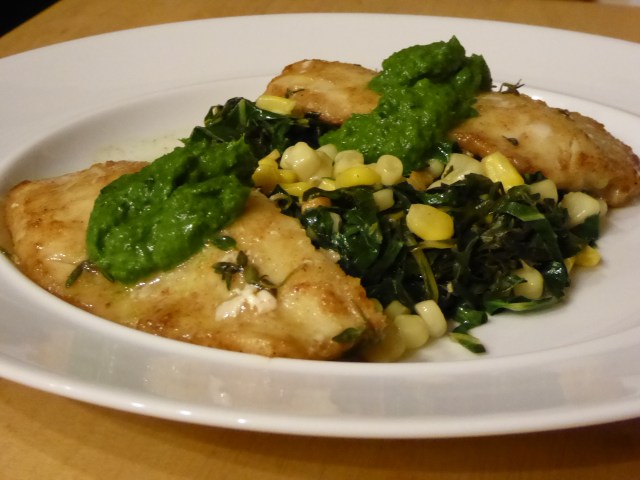Pacific cod with parsley sauce plus collard greens and corn