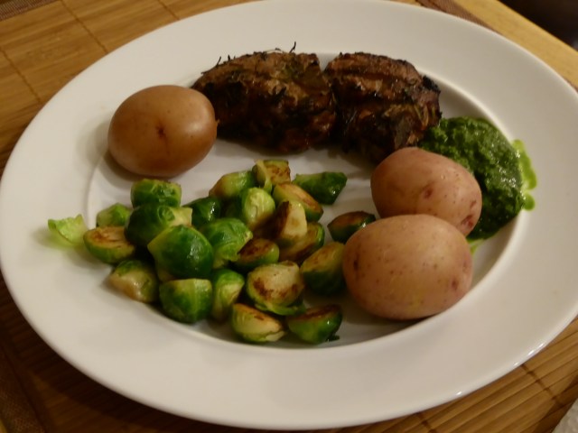 Lamb chops with new potatoes and brussels sprouts