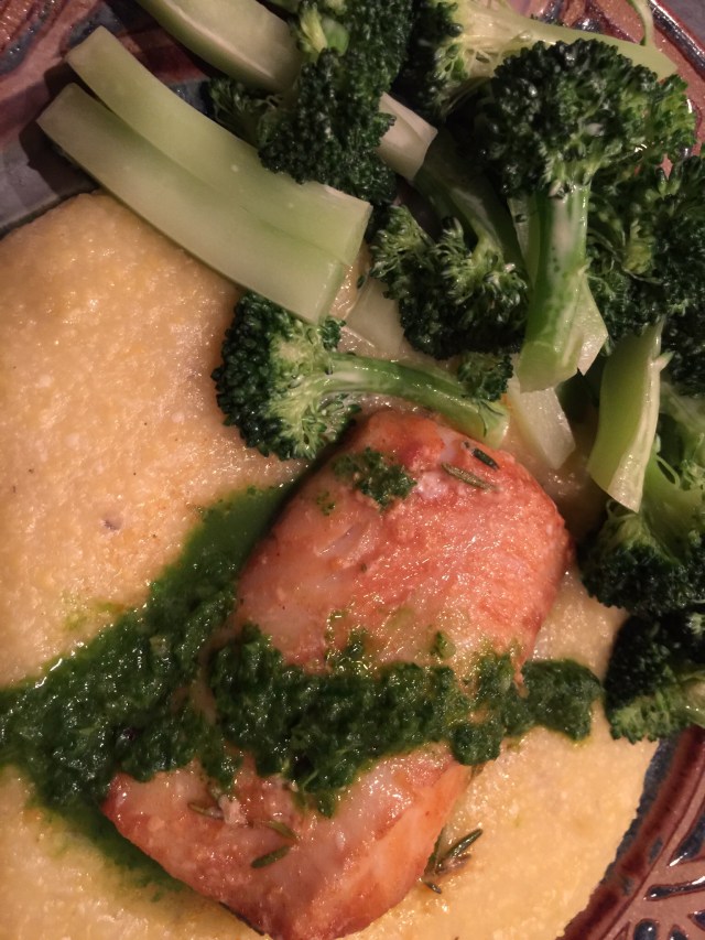 Cod and polenta with parsley sauce and broccoli
