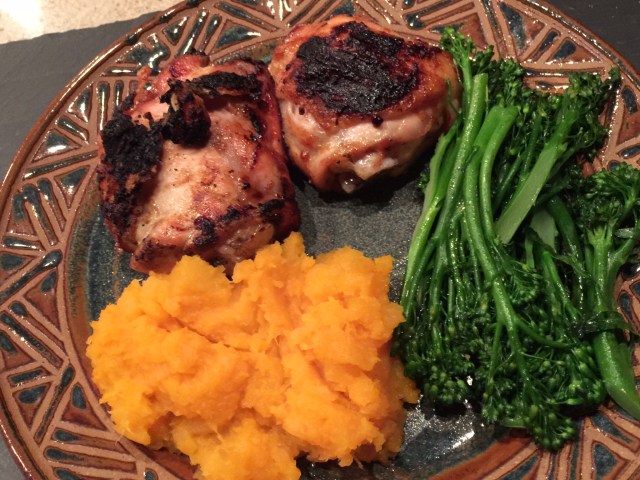 Barbecue chicken with root vegetable mash and broccolini