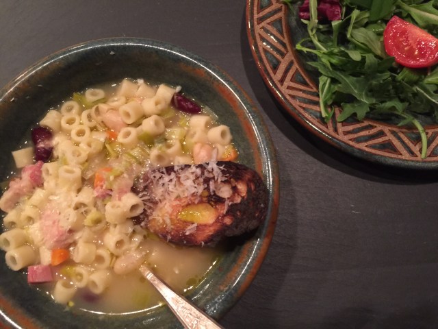 Pasta fagioli with arugula salad 