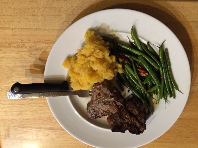 Lamb chops with rutabagas and spicy green beans