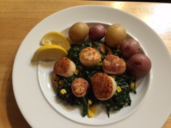 Scallops, collard greens and corn, new potatoes