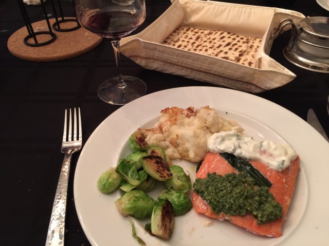 Seder Dinner - Salmon with mashed potatoes and Brussels sprouts