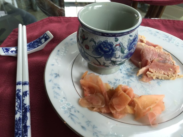 Seared tuna, pickled ginger, wasabi, and soy sauce