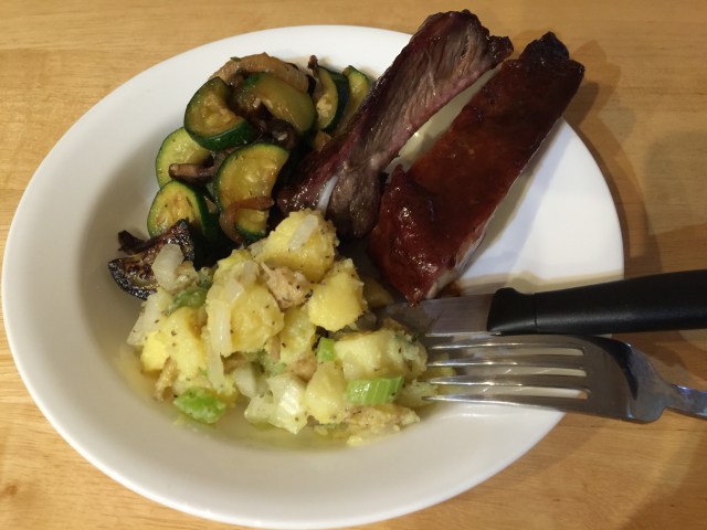 Grocery store ribs with no mayo potato salad and zucchini