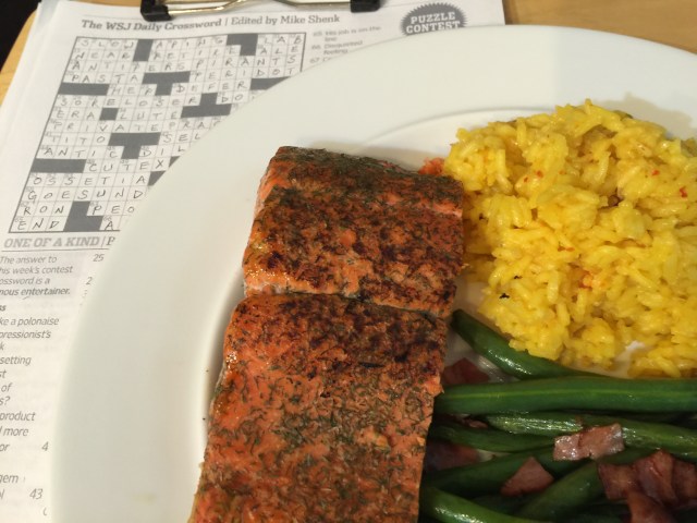 Wild sockeye salmon with yellow rice and green beans