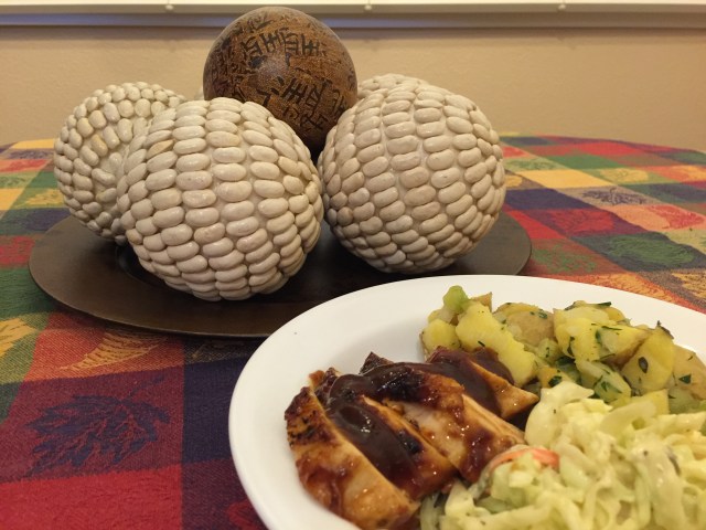 Chicken with barbecue glaze, warm olive oil potato salad and coleslaw with a mayo/yogurt dressing