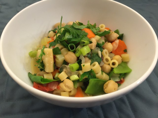 Chickpeas, pasta, and vegetables