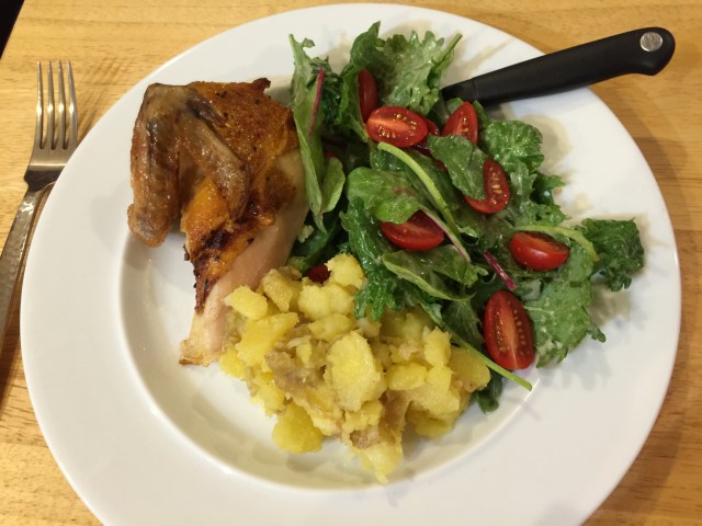 Store bought chicken with warm potato salad and a green salad