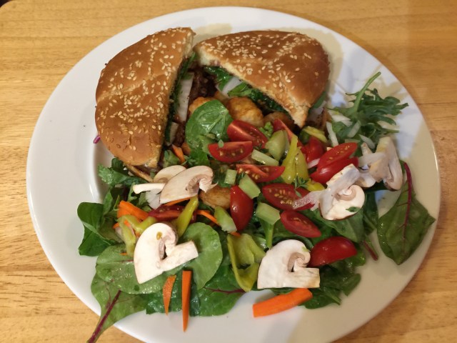 Salad, tots, and a burger