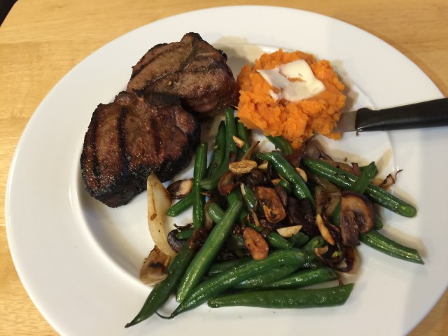 Lamb chops , sweet potato, and green beans