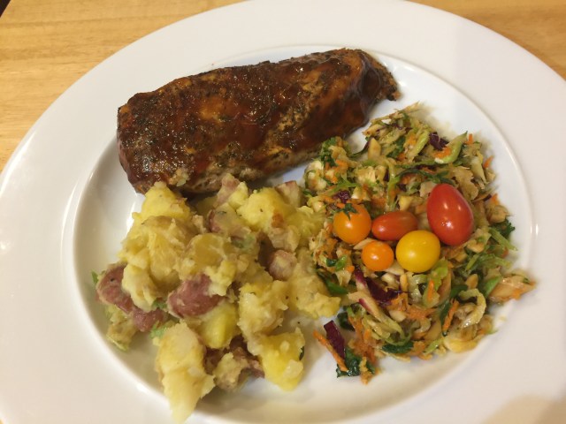 Sous vide boneless skinless chicken breast with Brussels sprout slaw and warm olive oil potato salad