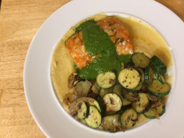 Pacific cod, chickpea purée, parsley sauce, and sautéed zucchini
