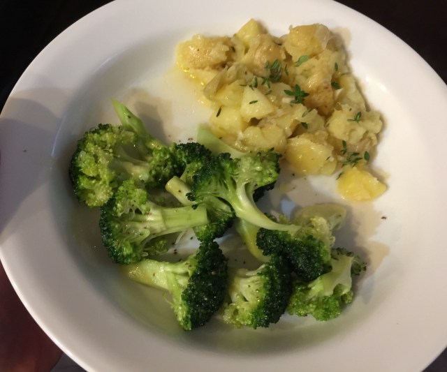Broccoli salad and warm olive oil and thyme potatoes