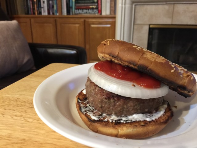 Grilled hamburger with ketchup and mayonnaise plus a slice of onion