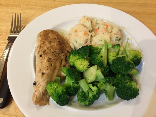 Chicken breast with root vegetable mash and broccoli
