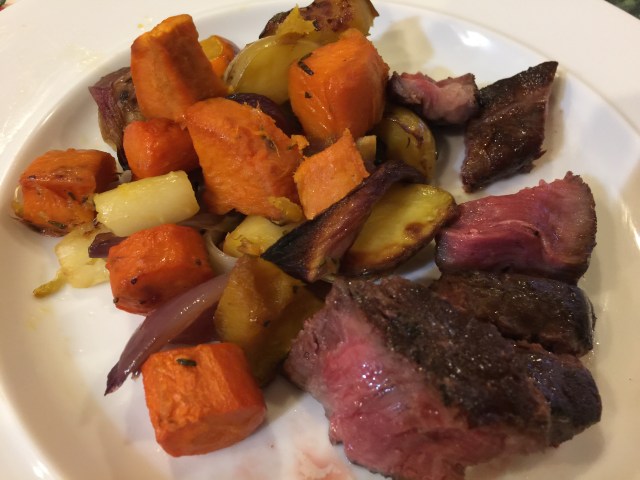 Rib cap steak with roasted root vegetables