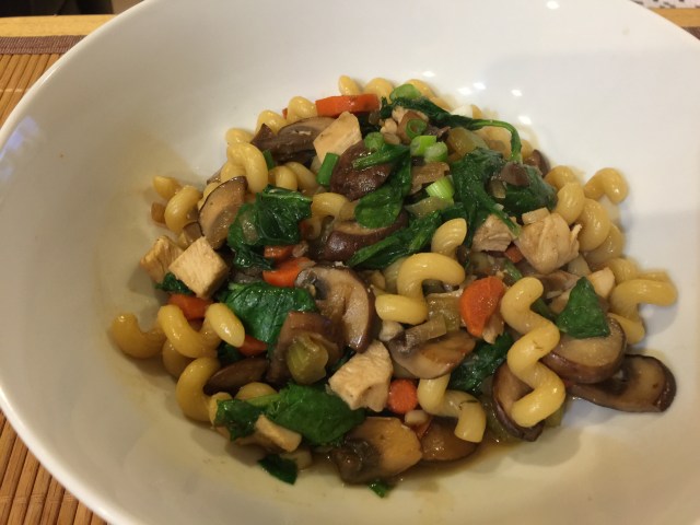 Fresh vegetables with leftover chicken and pasta