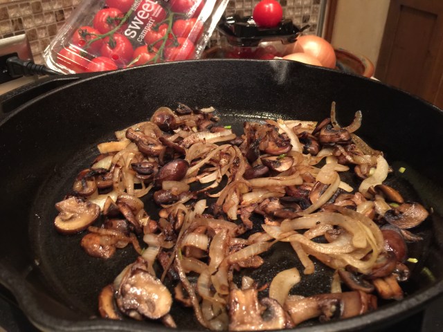 Sautéed mushrooms and onions awaiting pizza