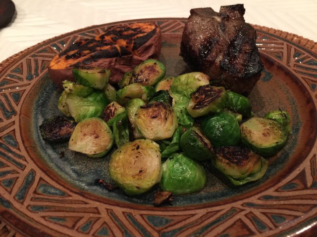 Lamb chop with sweet potato and Brussels sprouts