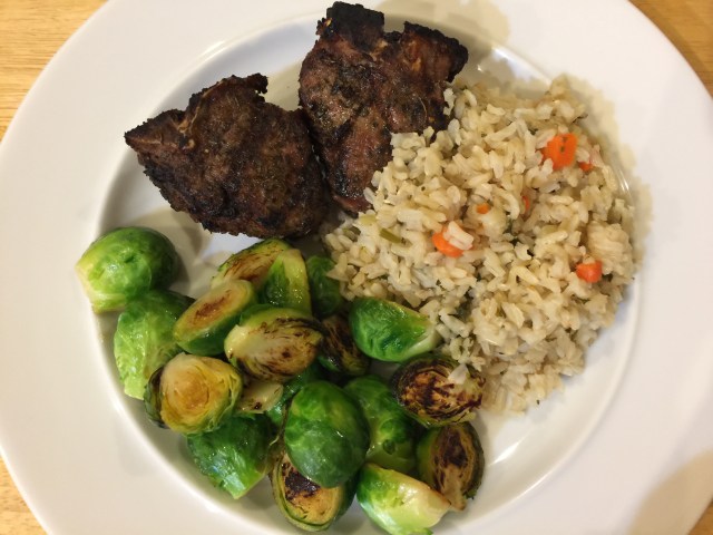Lamb chops with Brussels sprouts and rice