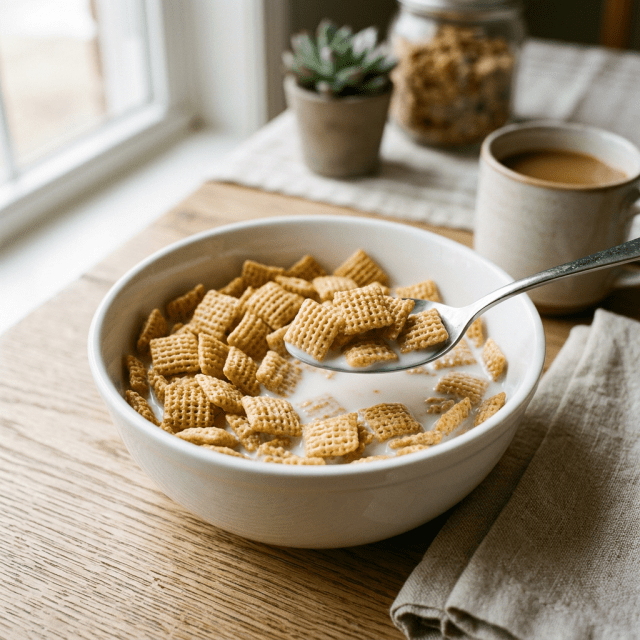 Bowl of cereal with milk and a spoon, coffee cup and a small plant on table