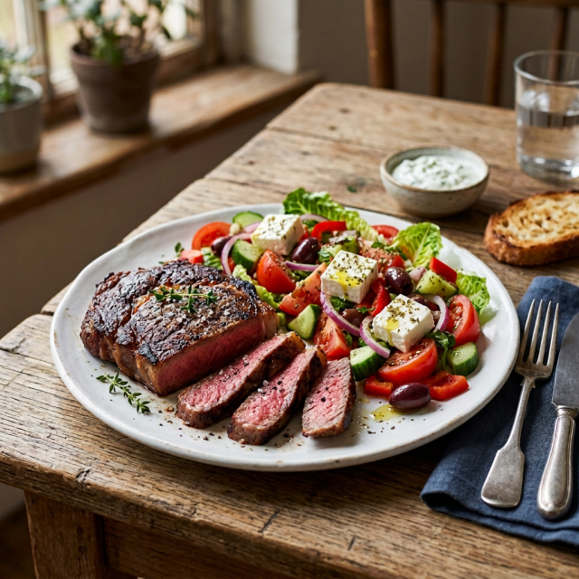 Plate with sliced medium-rare steak and Greek salad with feta cheese, olives, cucumbers, tomatoes, and onions