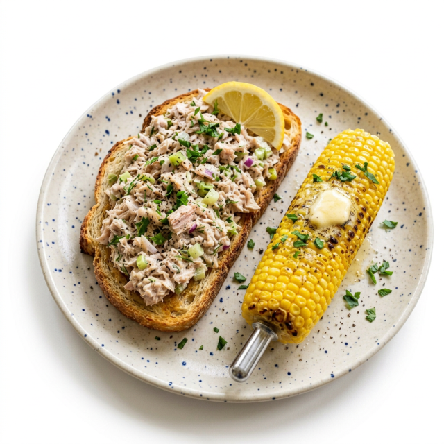 Open sandwich topped with tuna salad and diced celery beside a buttered grilled corn cob on a plate