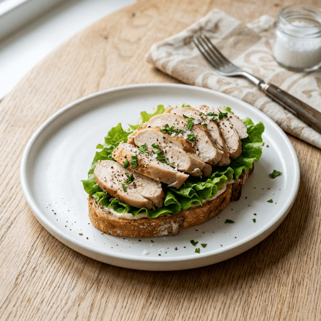 Open-faced chicken sandwich with lettuce on a white plate